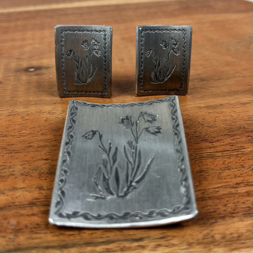 Vintage‎ Pewter Bluebell Brooch Clip Earrings Made In Sweden Flower Pin